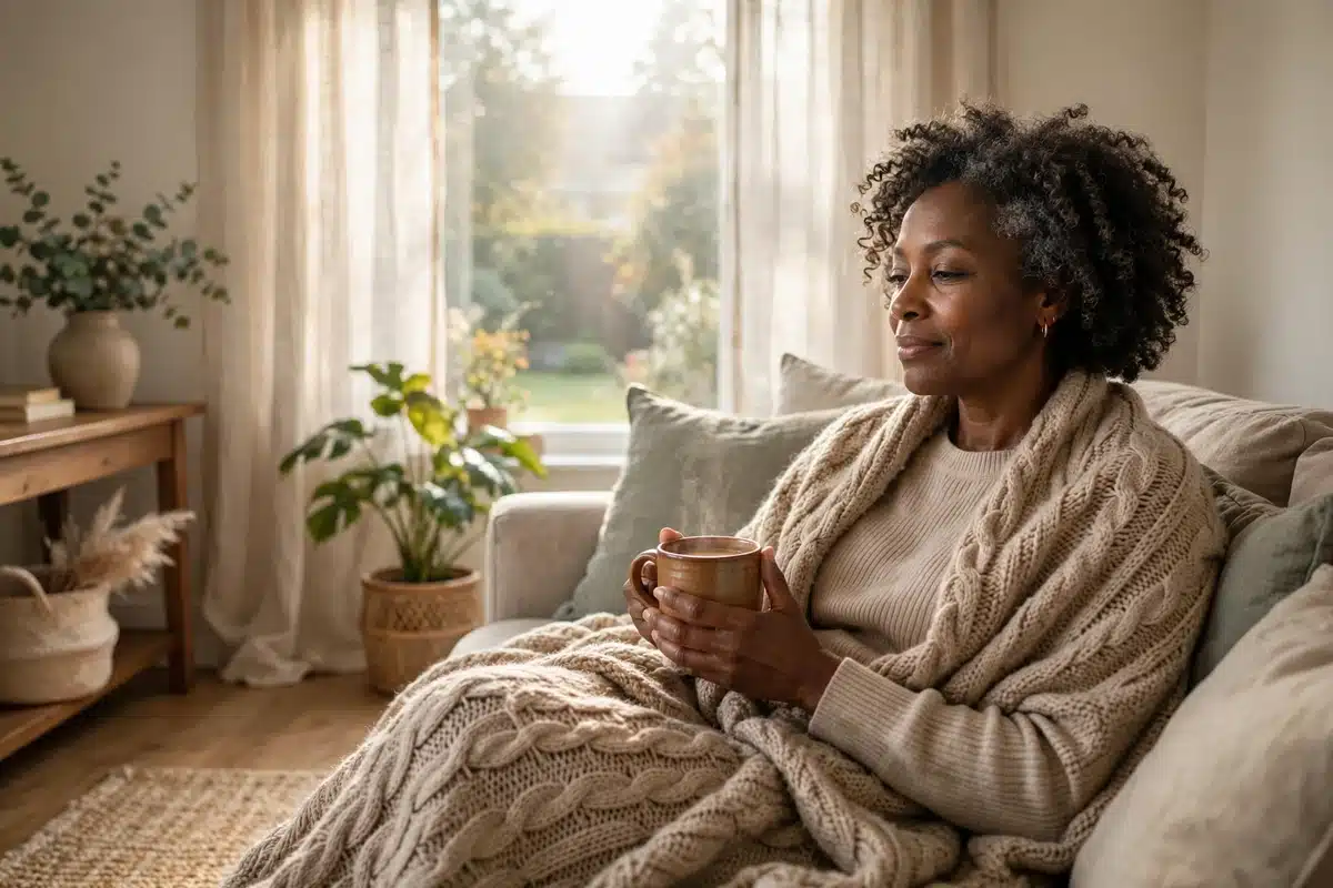 Photo of a woman resting quietly on a couch at home under a soft blanket, holding a mug in morning light