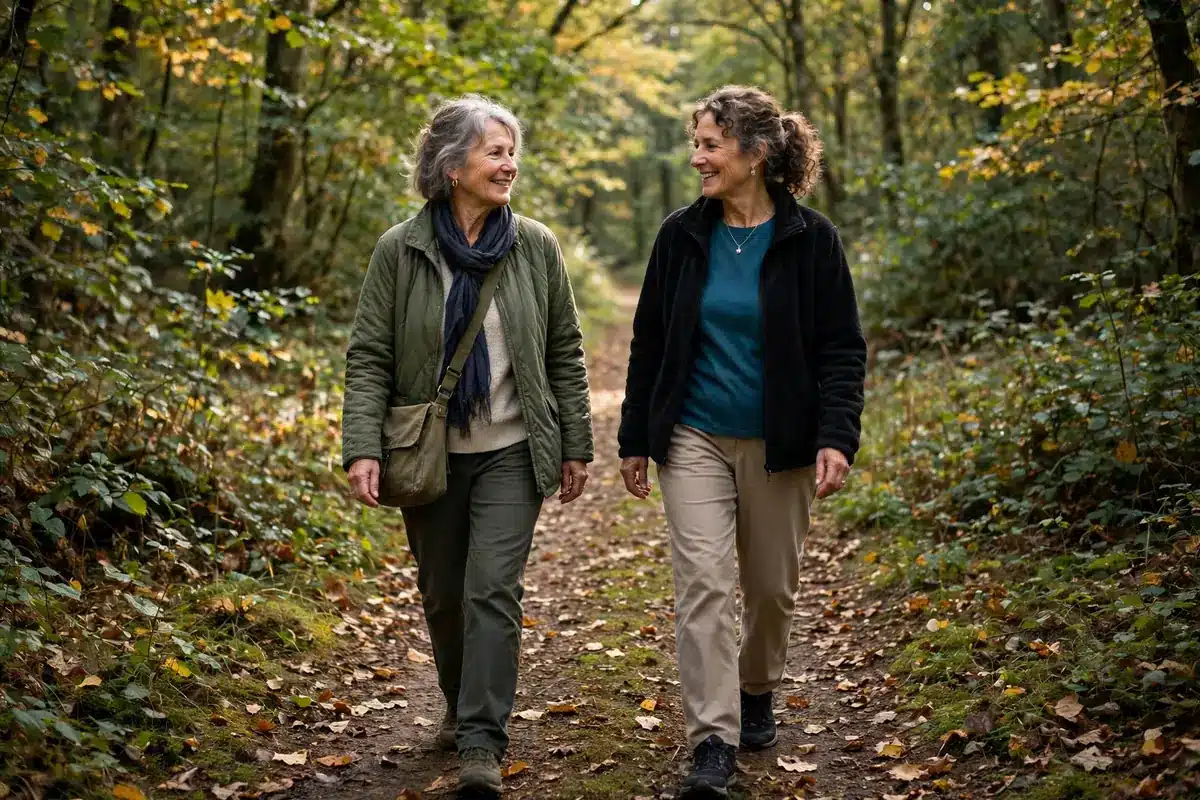 Photo of a woman taking a slow walk outdoors with a close friend, soft natural light