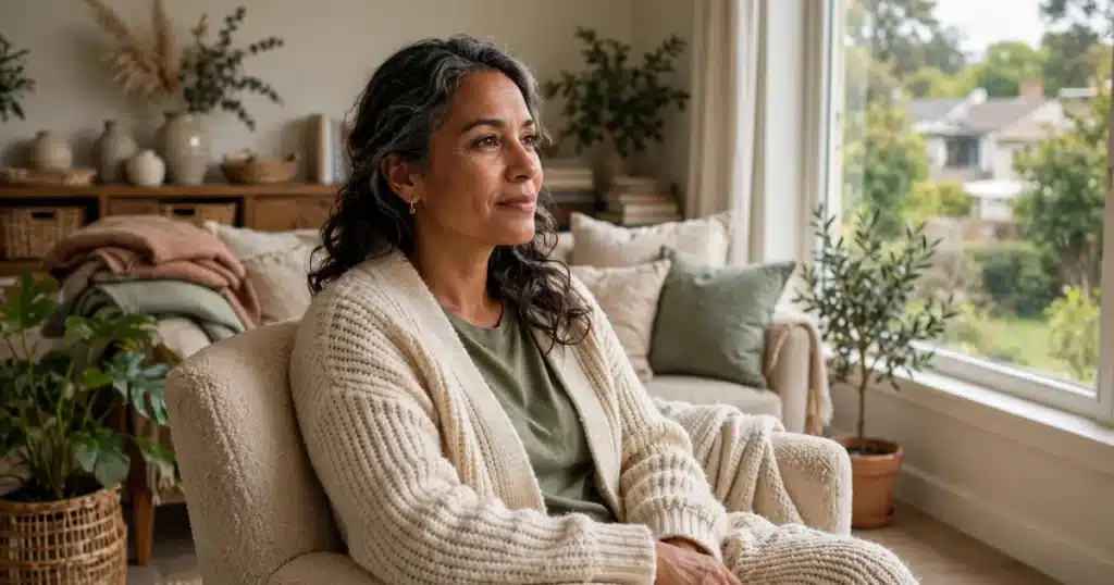 Photo of a woman sitting in a comfortable armchair at home gazing thoughtfully out a window, soft daylight