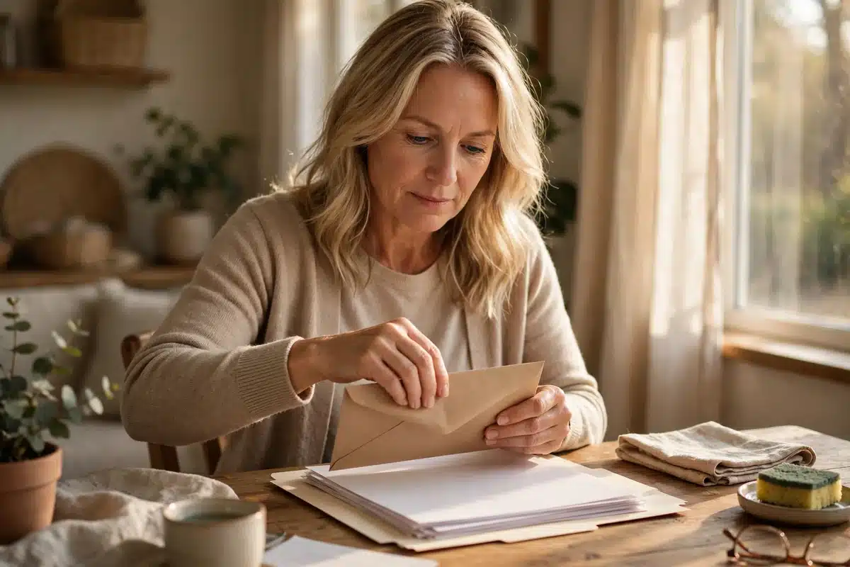 Photo of a woman in her 40s sealing a plain envelope at home, ready to send her appeal documents