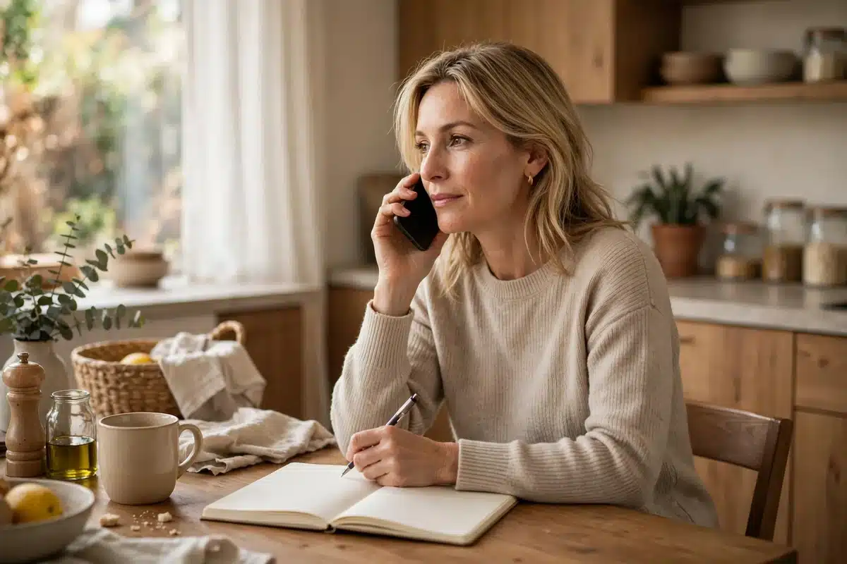 Photo of a woman in her 40s talking on the phone at home while taking notes in a plain notebook