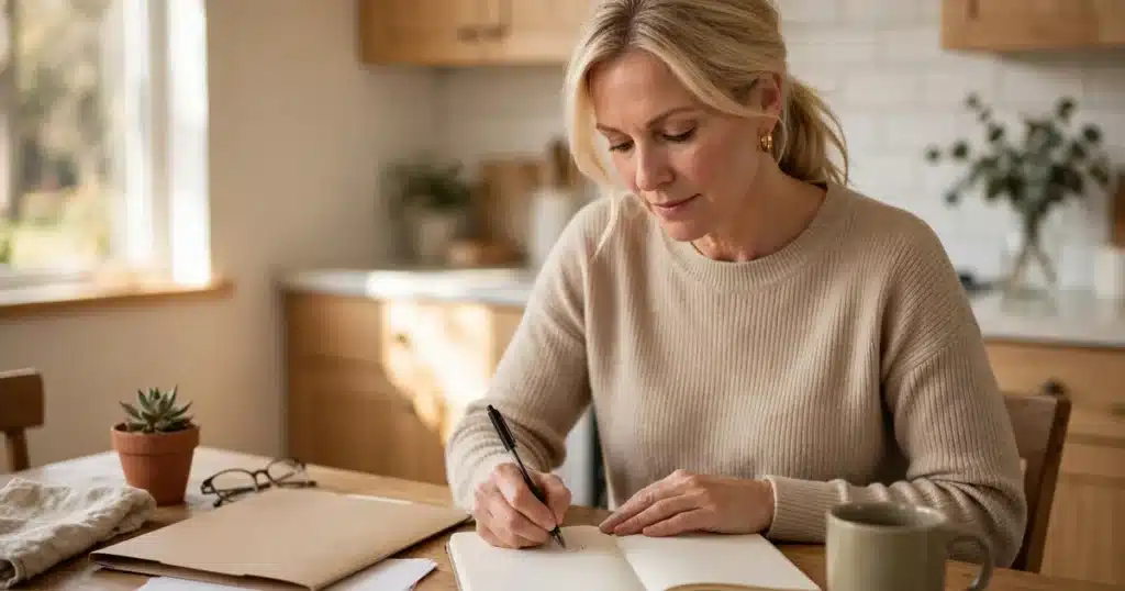 Photo of a woman in her 40s sitting at her kitchen table with a plain folder and notebook, preparing an insurance appeal