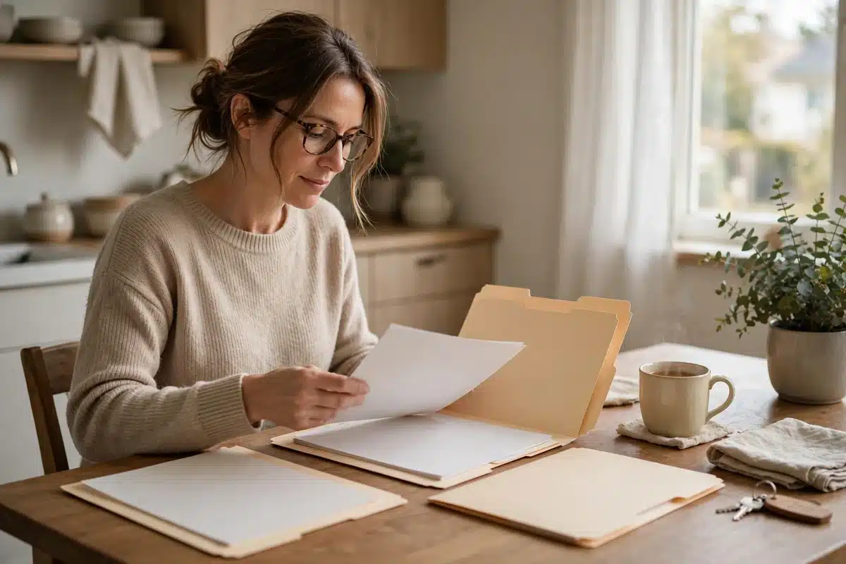 Photo of a woman in her 40s sitting at her kitchen table at home sorting plain paperwork into folders, calm and organised in soft daylight