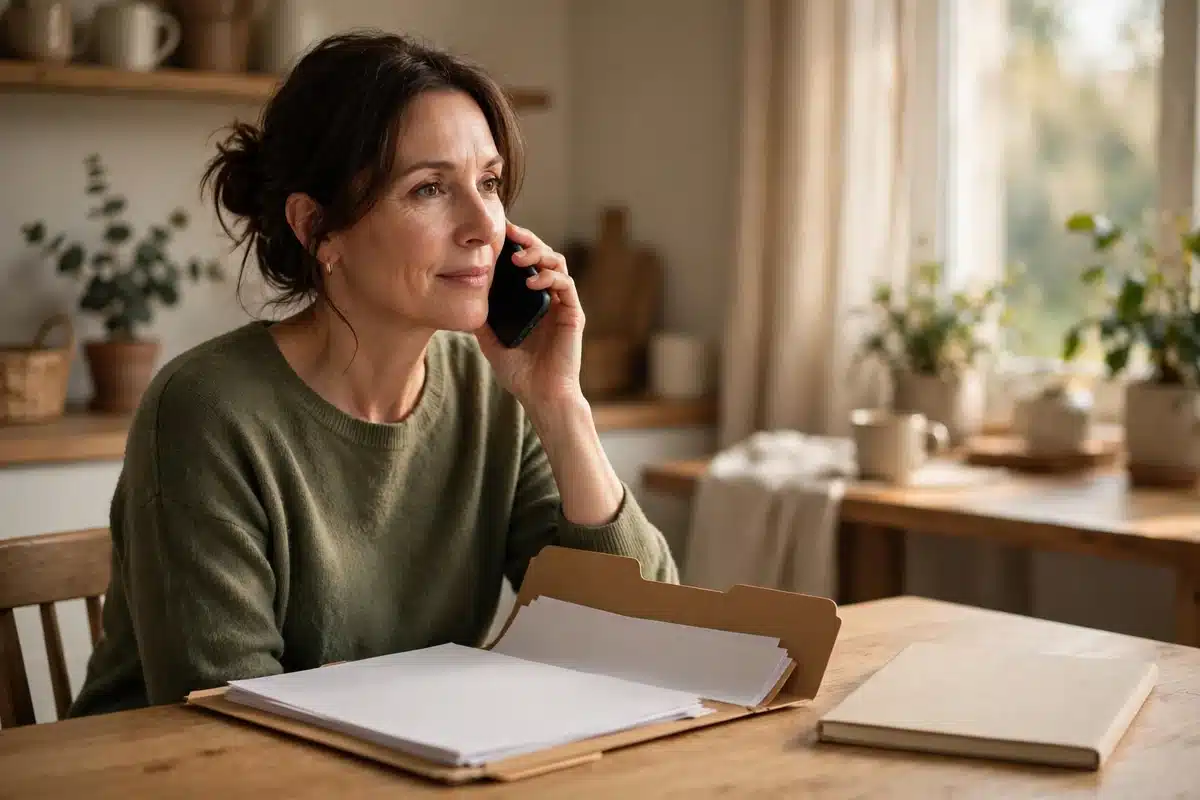 Photo of a woman in her 40s speaking calmly on the phone at home, a folder of paperwork and a plain notebook on the table in front of her