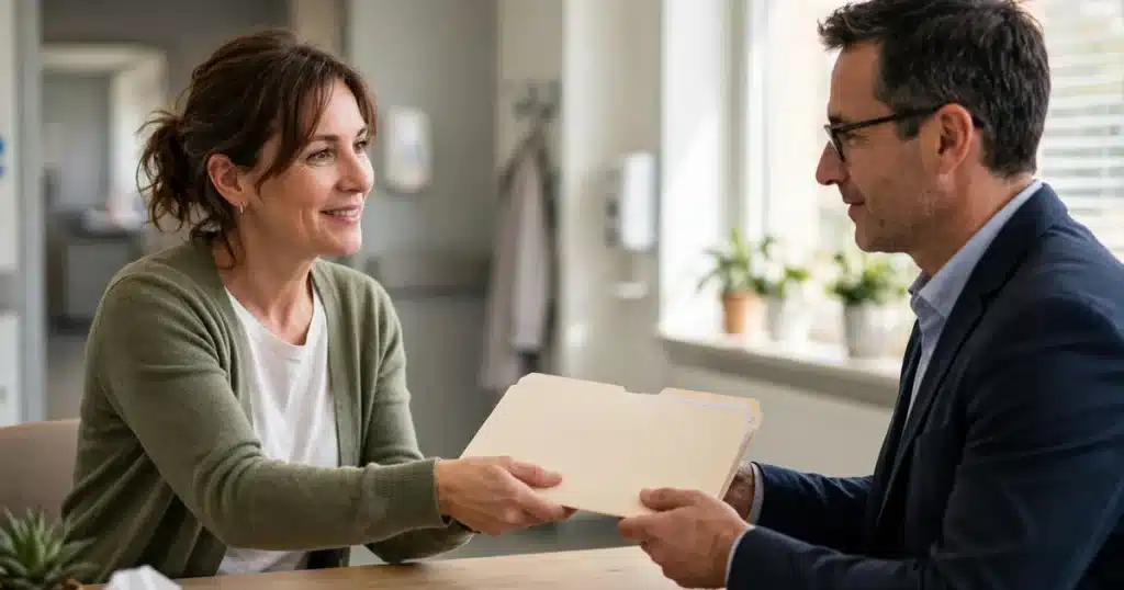 Photo of a woman in her 40s handing a folder of paperwork to a financial counsellor across a desk in a bright hospital office, calm and hopeful