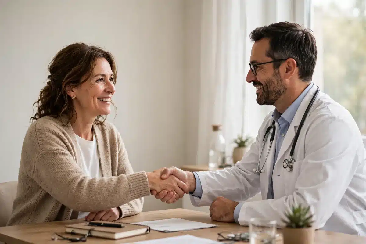 Photo of a woman shaking hands with her doctor across a desk as they meet for the first time in a bright consultation room