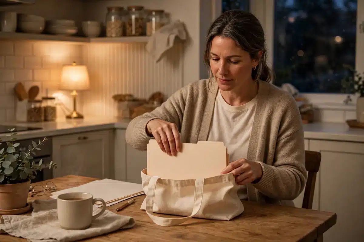 Photo of a woman at her kitchen table at home placing a folder of paperwork into a bag the evening before her appointment