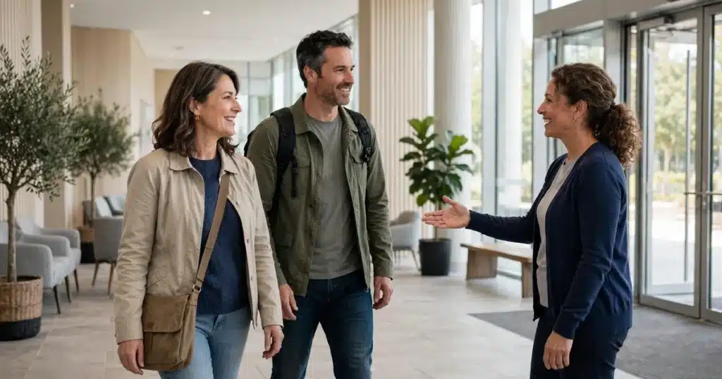 Photo of a woman and her partner walking through the bright entrance hall of a modern cancer center, greeted by a staff member