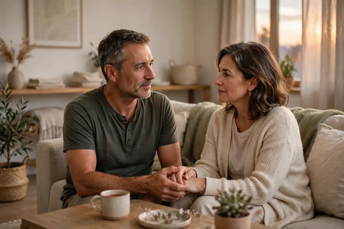 Photo of a man sitting beside his wife on a sofa at home, holding her hand while they talk quietly in warm evening light