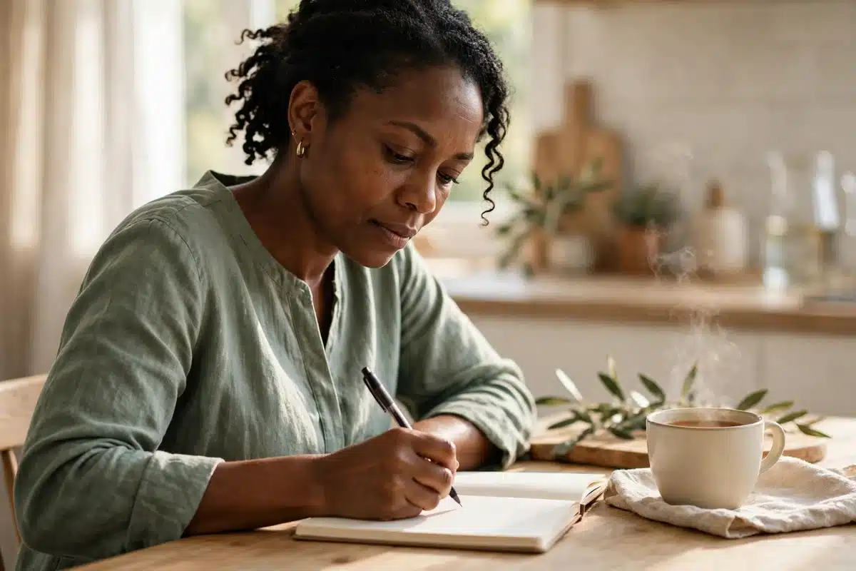 Photo of a woman caregiver writing notes in a plain notebook at a bright kitchen table, a cup of tea beside her