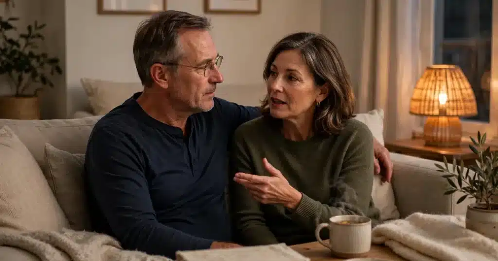 Photo of a husband and wife sitting close together on a sofa at home in warm evening light, talking