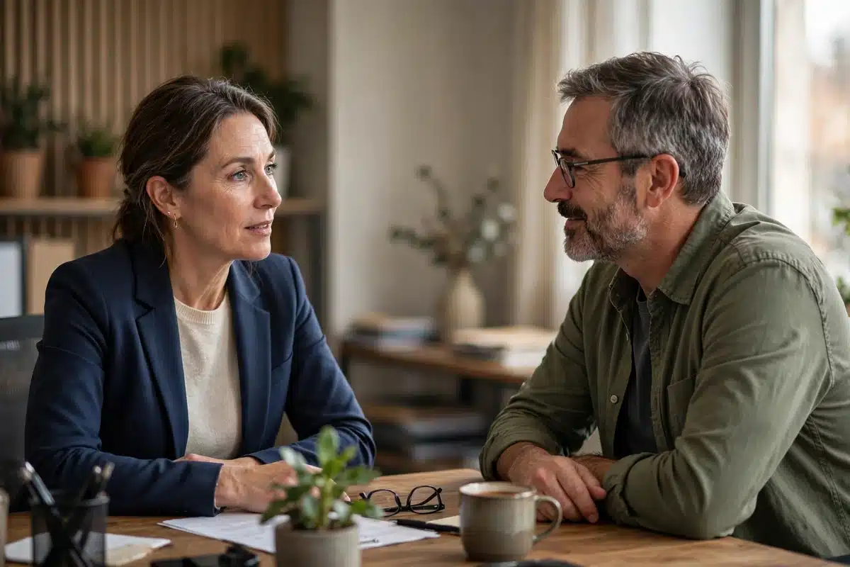 Photo of a woman having a calm conversation with her manager at his desk