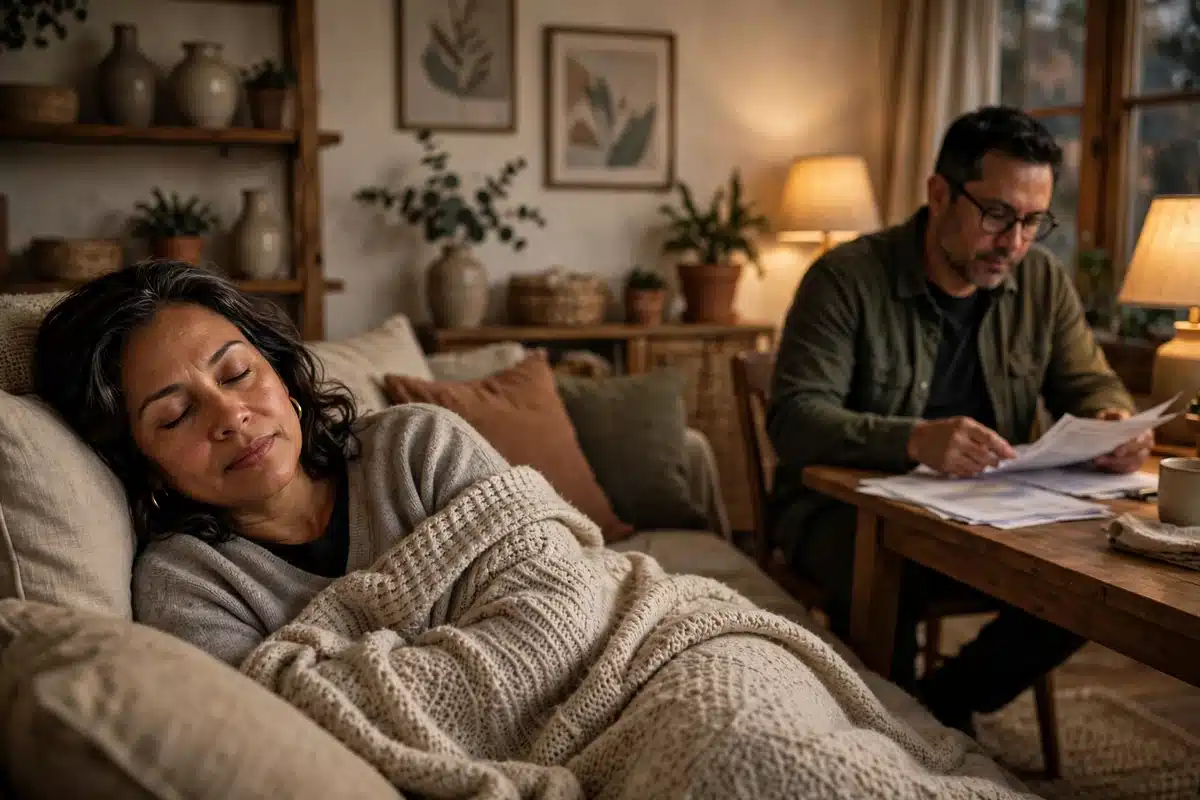 Photo of a woman resting on a couch at home while her partner sorts paperwork nearby