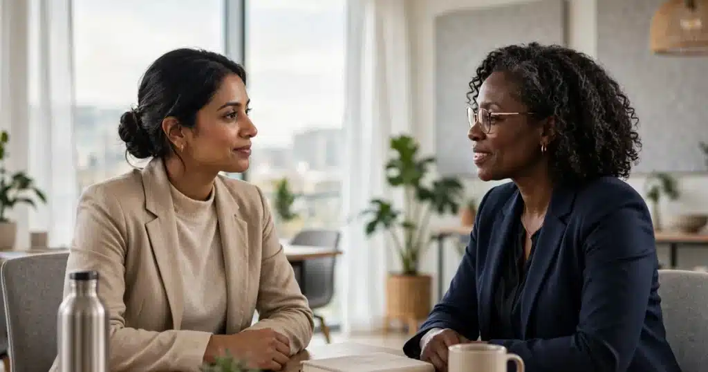 Photo of a woman talking with an HR manager across a desk in a bright office