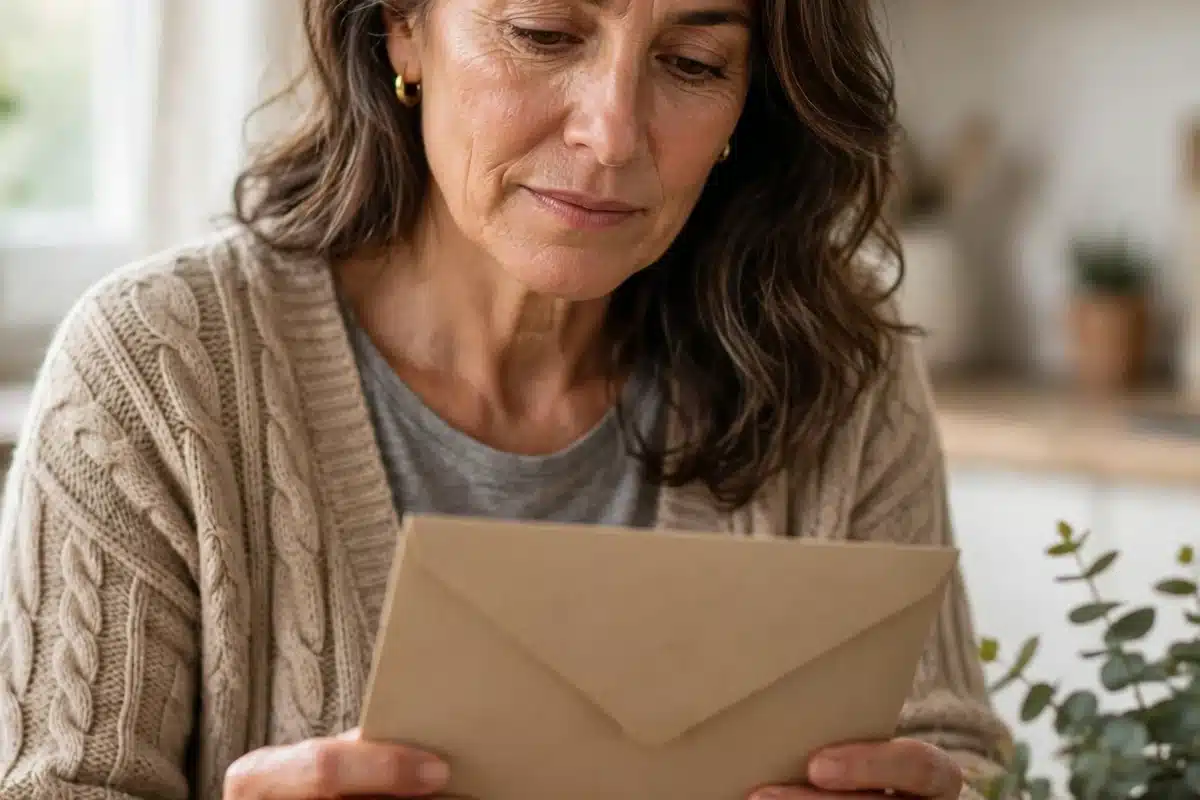Photo of a woman in her 50s sitting at her kitchen table reading a plain blank envelope, calm and thoughtful, soft daylight