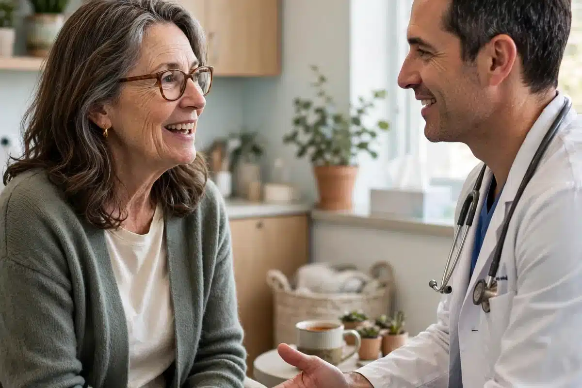 Photo of a woman in her 50s talking with her doctor in a bright clinic office, both seated, reassured and engaged, natural window light