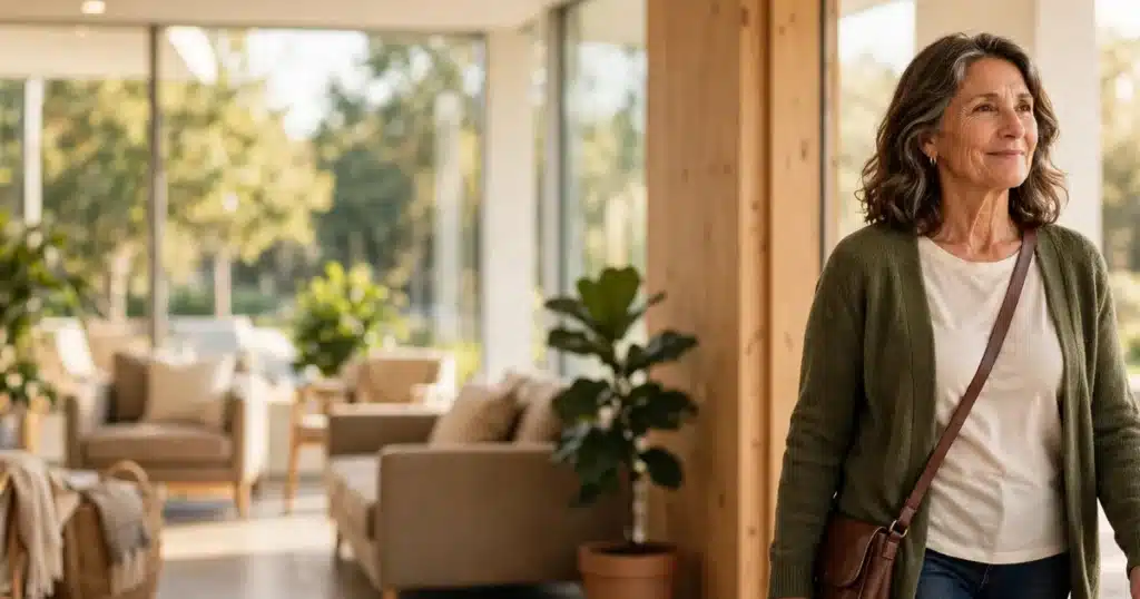Photo of a woman in her 50s leaving a bright breast imaging center reception area, calm and reassured, warm natural light