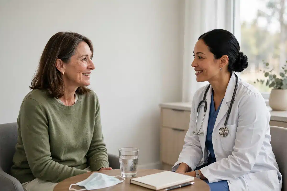 Photo of a woman talking with her doctor during a follow-up appointment in a bright clinic room, both seated and relaxed