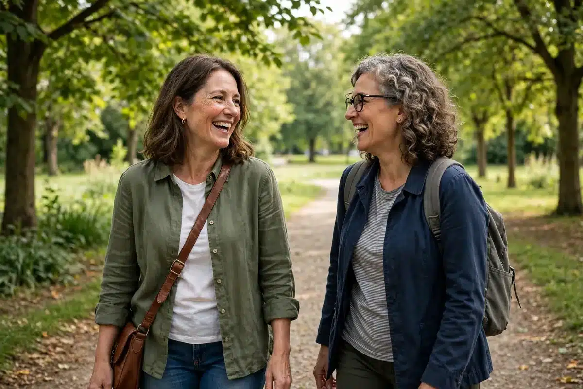 Photo of a smiling woman in her 50s walking with a friend along a tree-lined path in soft daylight, talking