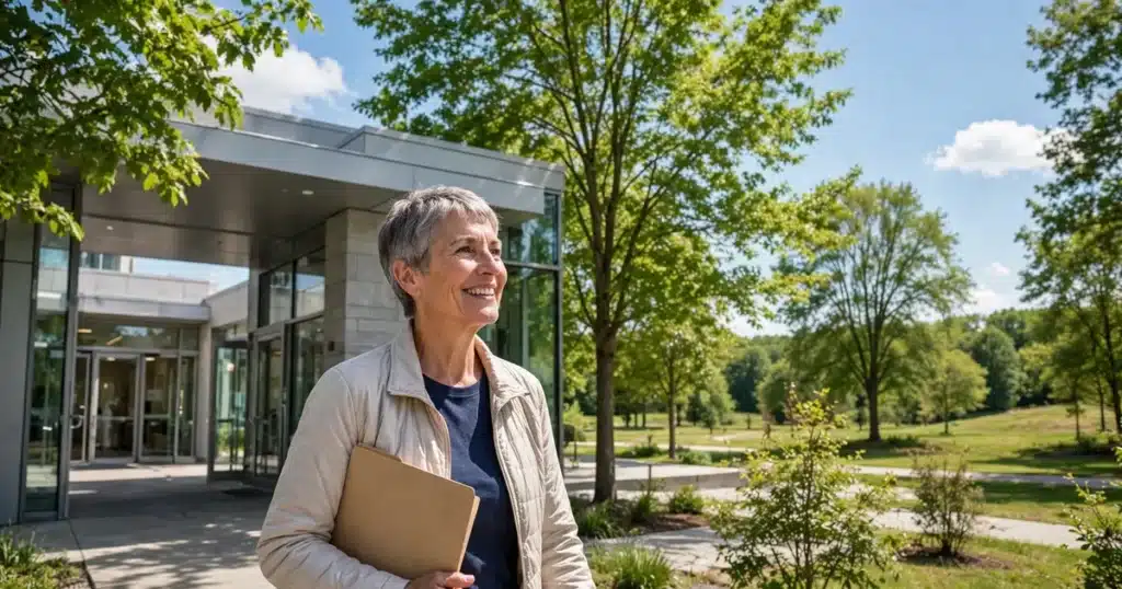 Photo of a smiling woman walking out of a modern clinic entrance into bright sunshine with a folder under her arm