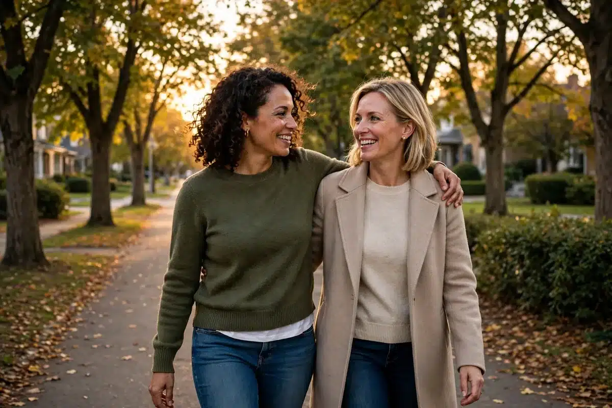 Two women friends walking together on a tree-lined path
