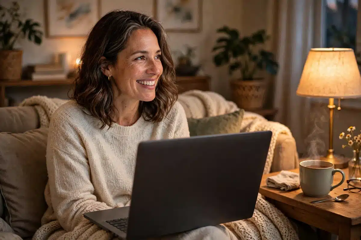 A woman smiling during a video call from her living room sofa