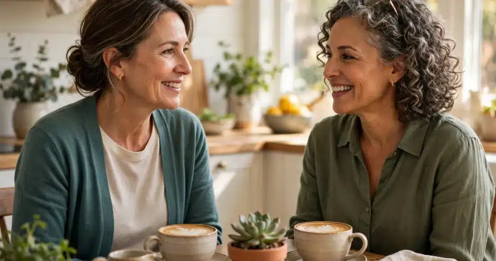 A woman caregiver having coffee with a friend at a sunny kitchen table