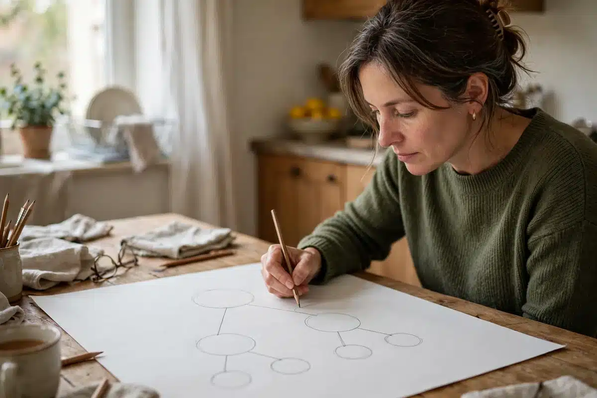 Photo of a woman in her 40s at home at a kitchen table drawing a simple family tree on a large blank sheet of paper with a pencil in soft daylight