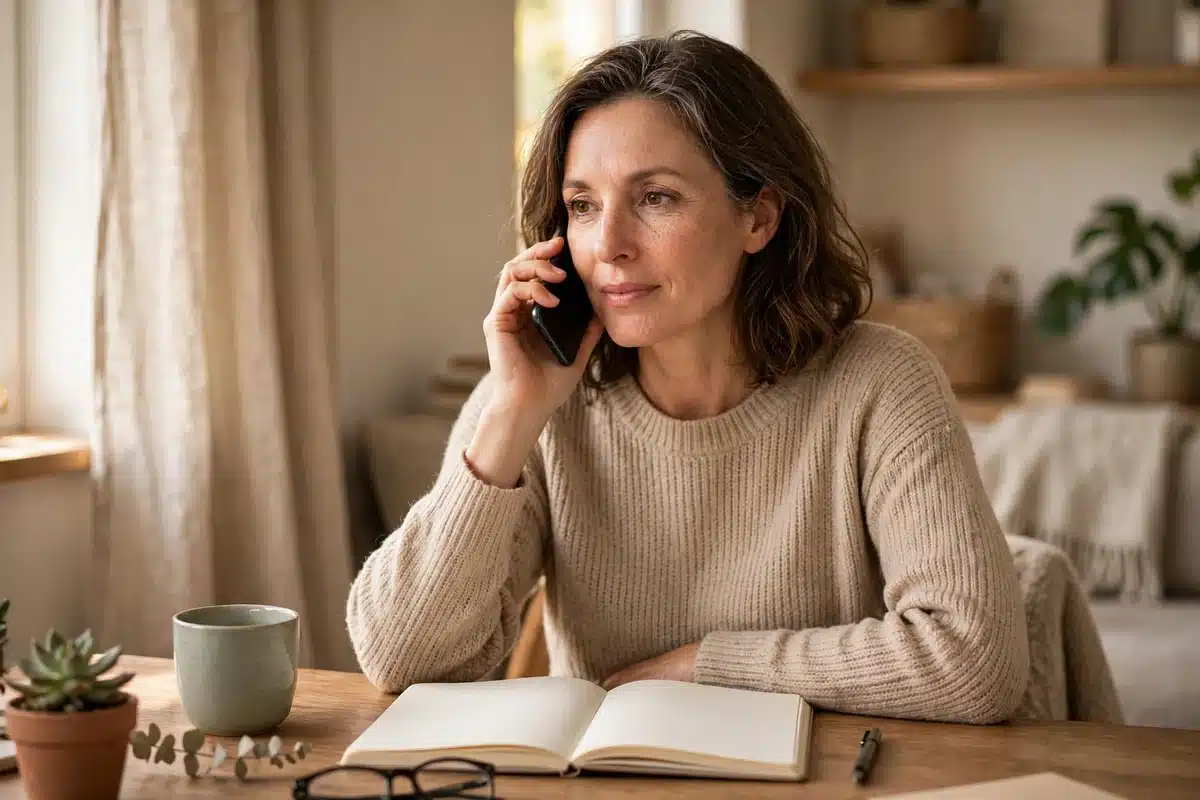 Photo of a woman in her 40s speaking on the phone at home with a plain notebook open in front of her, arranging an appointment in warm natural light