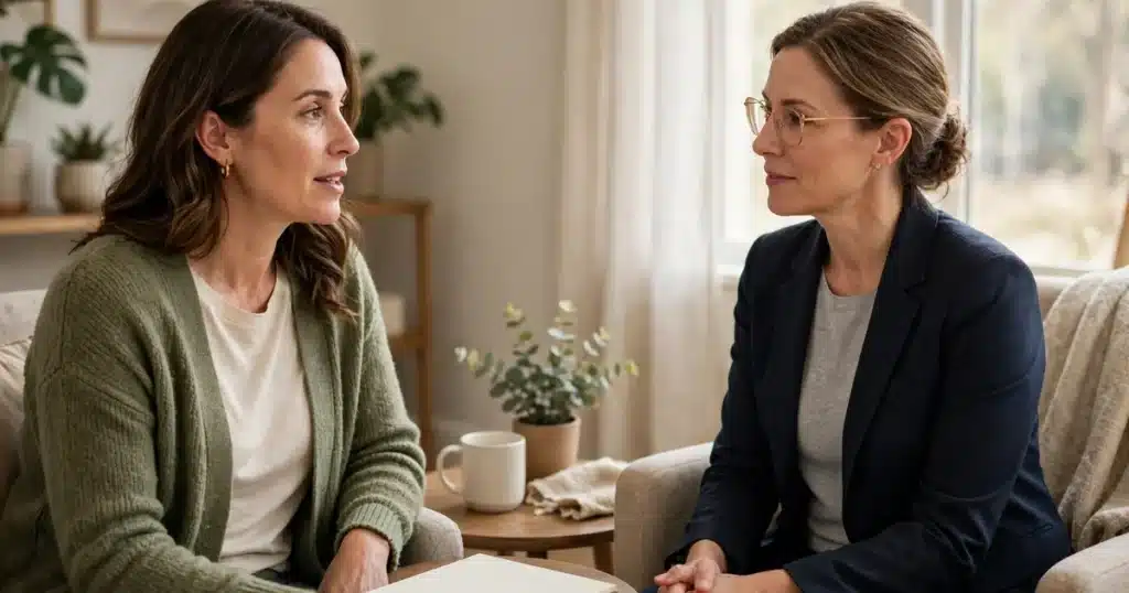 Photo of a woman in her 40s talking with a genetic counselor in a bright comfortable clinic office, both seated in armchairs in natural window light