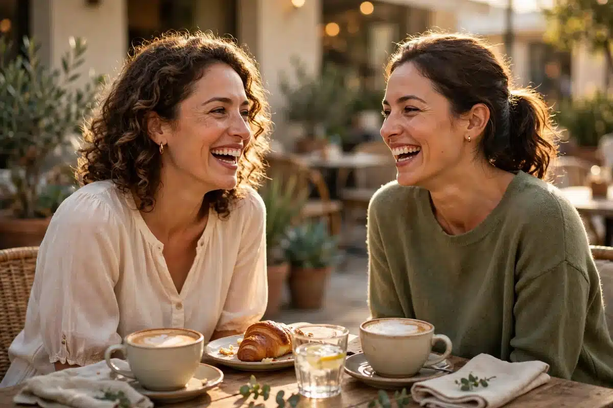 Two women friends laughing together over coffee in warm, golden light.