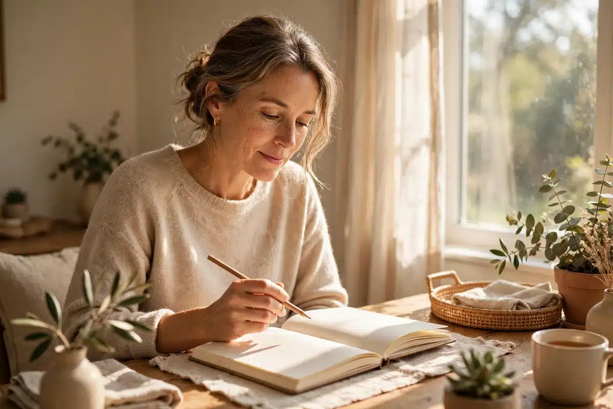 A woman journaling peacefully beside a bright window, sunlight falling across her notebook.