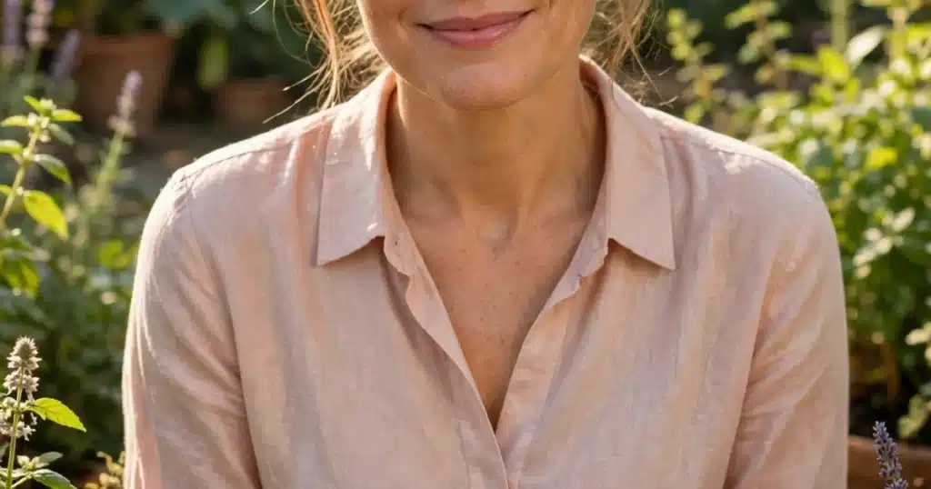 A woman smiling softly in a sunlit garden, wearing a soft pink blouse, looking calm and confident.