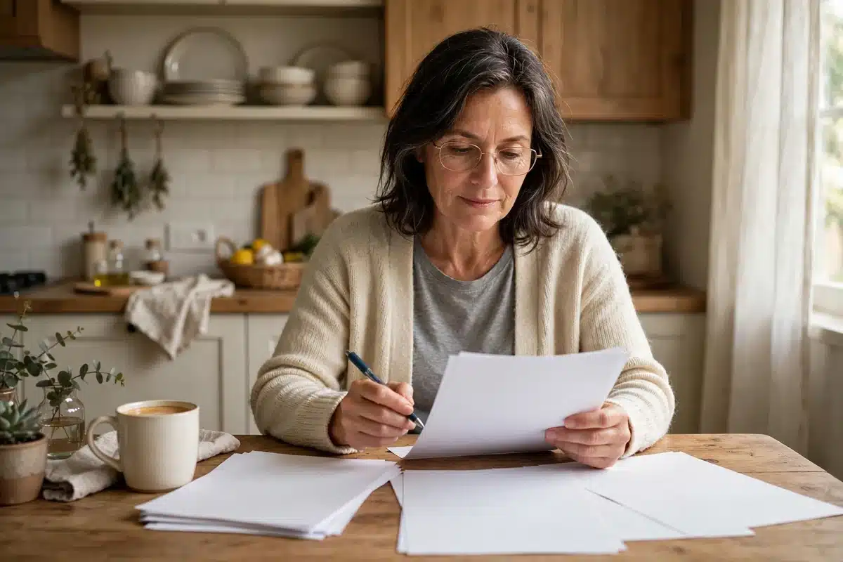 Photo of a woman in her 50s sitting at her kitchen table reviewing plain blank papers with a pen, thoughtful but calm, soft daylight, cozy kitchen, no readable text, no logos