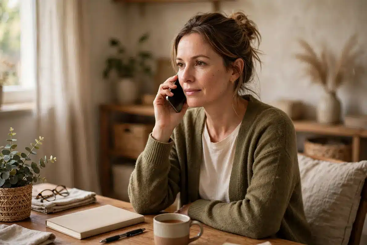 Photo of a woman in her 40s making a phone call at her home desk with a notebook beside her, calm and focused, soft daylight, warm home interior, no readable text, no logos