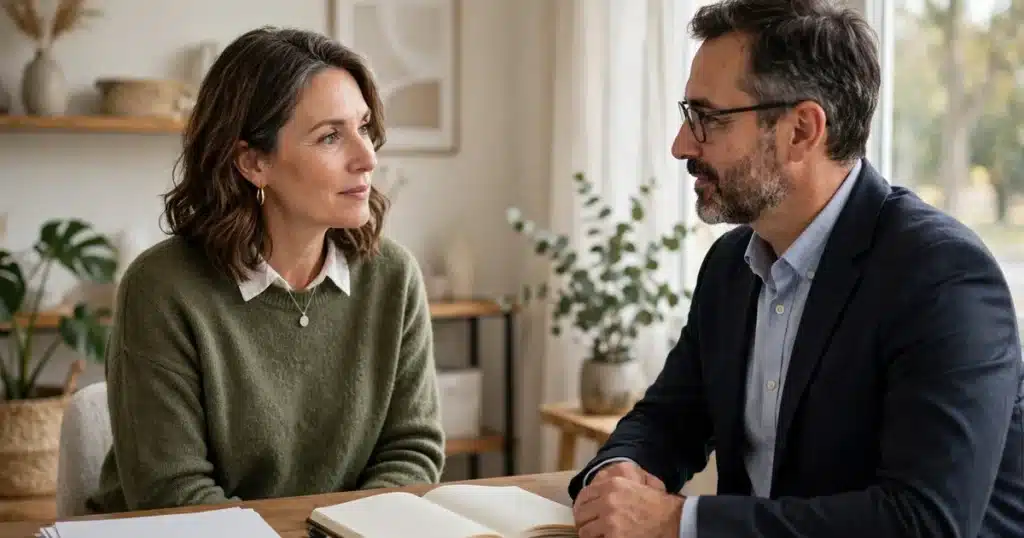 Photo of a woman in her 40s talking with a financial counselor in a bright, welcoming office, plain papers and a notebook on the desk between them, calm and reassured, natural light, no readable text, no logos