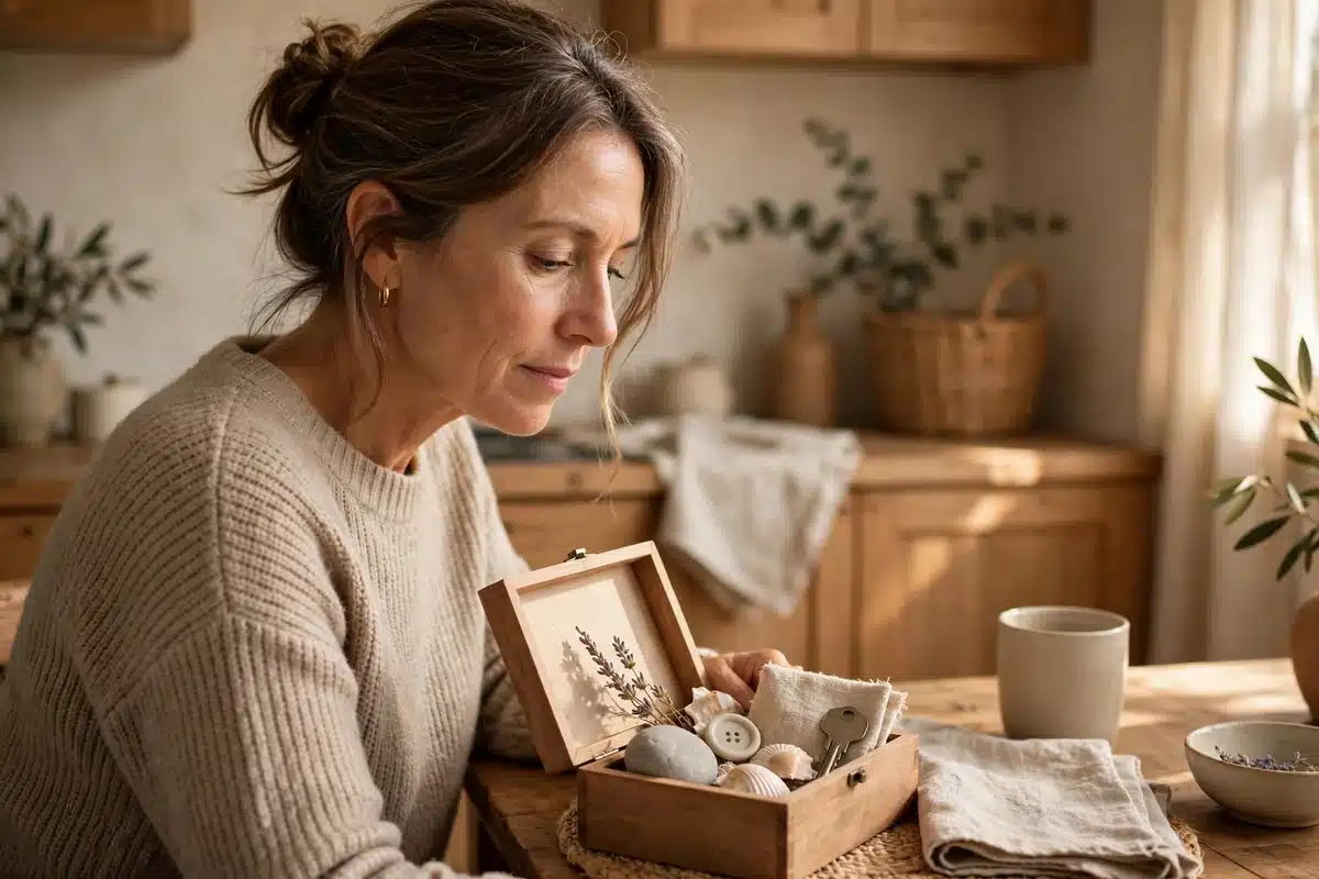 Photo of a woman in her 50s at home looking through a small box of everyday keepsakes at a kitchen table with a soft thoughtful expression in warm afternoon light