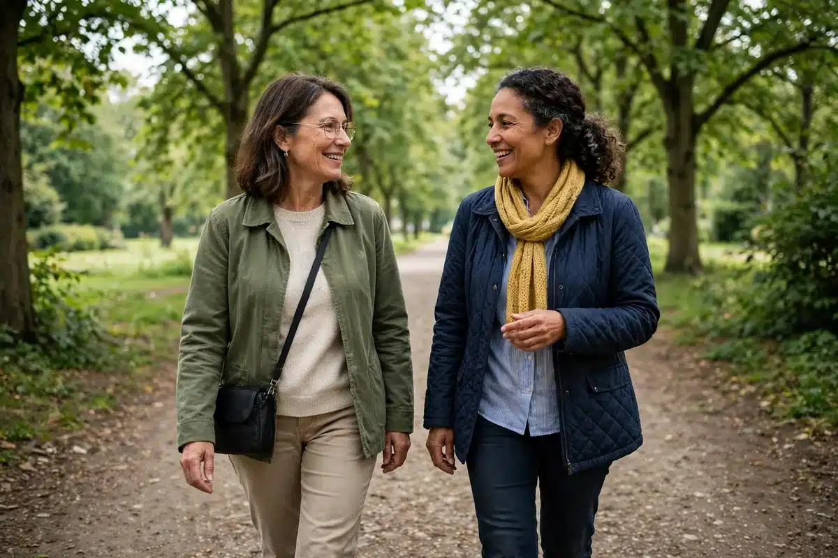 Photo of a woman in her 50s walking slowly along a tree-lined park path with a close friend, talking together in soft daylight