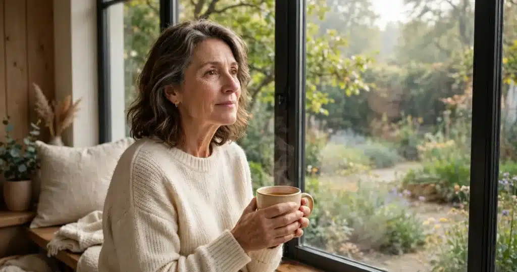 Photo of a woman in her 50s sitting by a large window at home holding a warm mug of tea, looking out at a garden thoughtfully in soft morning light