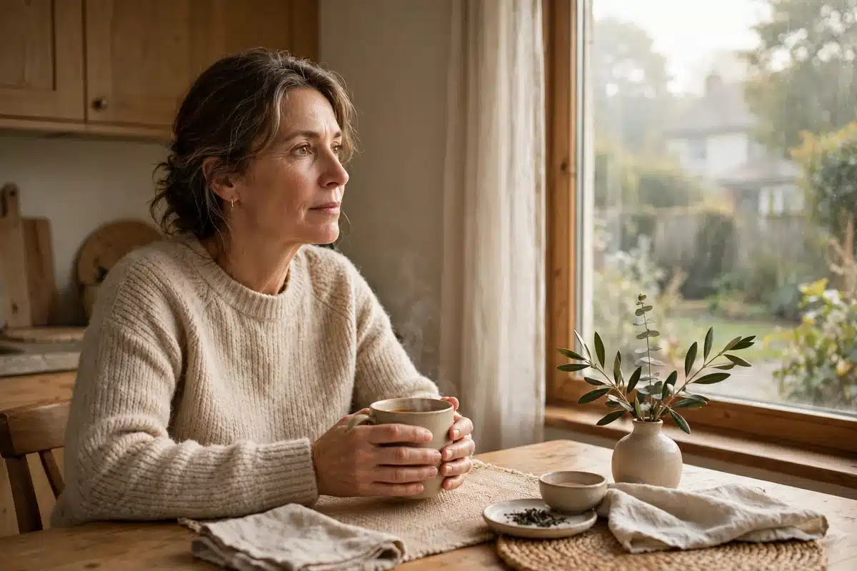 Photo of a woman in her 50s sitting at her kitchen table at home with a mug of tea held in both hands, looking thoughtfully out of the window in soft morning light