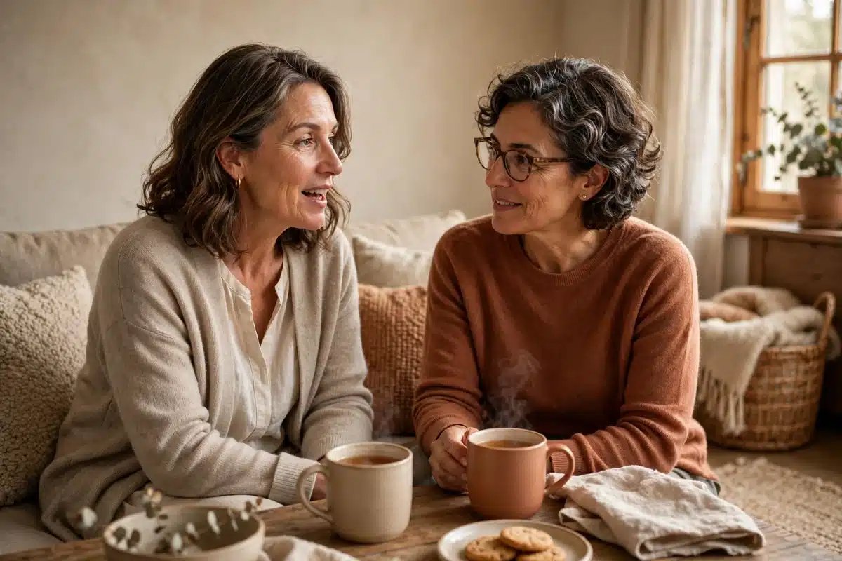 Photo of a woman in her 50s talking openly with a close friend over mugs of tea at home, both seated comfortably on a sofa in warm natural light