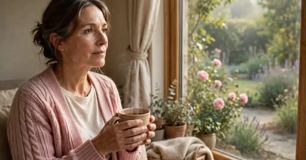 Photo of a woman in her 50s sitting by a large window at home holding a warm mug of tea in both hands, looking thoughtfully out at a garden in soft morning light