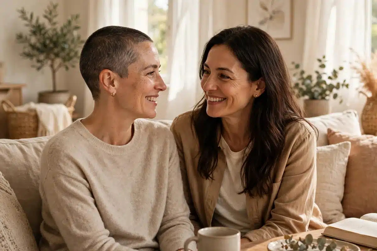 Two women friends sharing a warm supportive moment on a couch in bright natural light