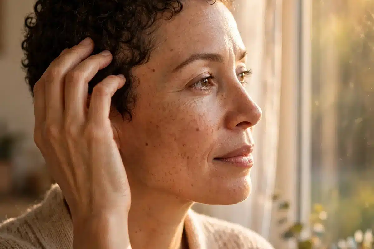 Woman with short curly new hair gently touching her hair by a sunlit window in a quiet self-care moment