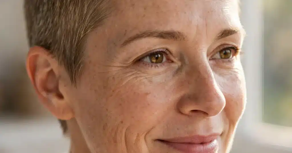 Woman with short new hair growth after chemotherapy smiling softly in warm natural window light