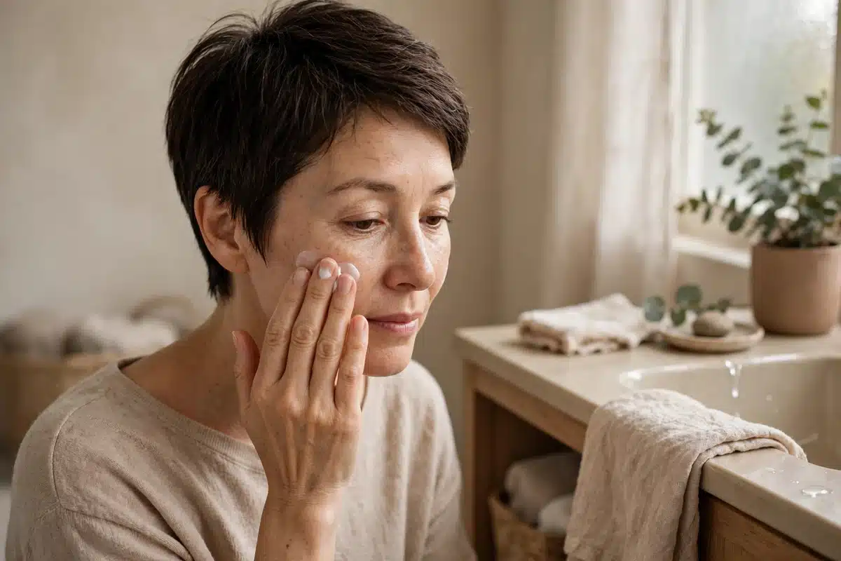 Woman with short new hair gently applying moisturizer to her face in a calm bathroom at home in natural light