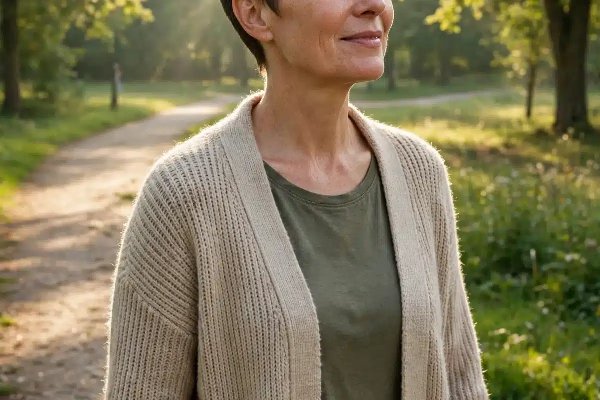Woman with short hair standing on a sunlit path in a green park, looking peaceful and hopeful