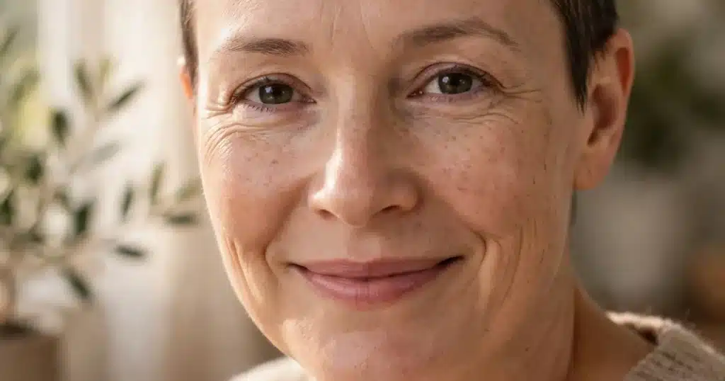 Woman with short new hair regrowth smiling gently in warm morning light