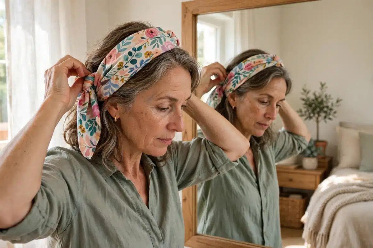 Photo of a woman in her 50s tying a colourful headscarf in front of a mirror at home in soft daylight
