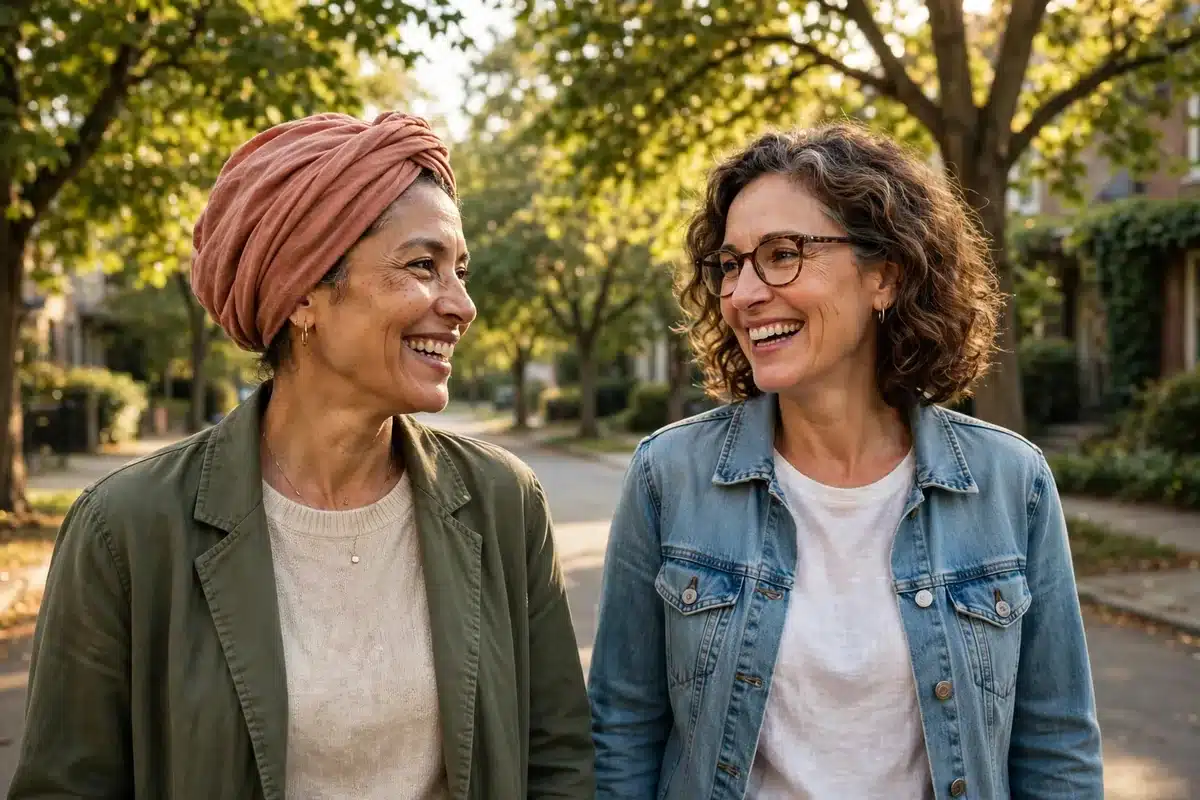 Photo of a woman in her 50s wearing a soft turban-style head covering, walking outdoors with a friend in warm sunlight